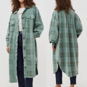 Free People Plaid Long Shacket in Seafoam and Tan